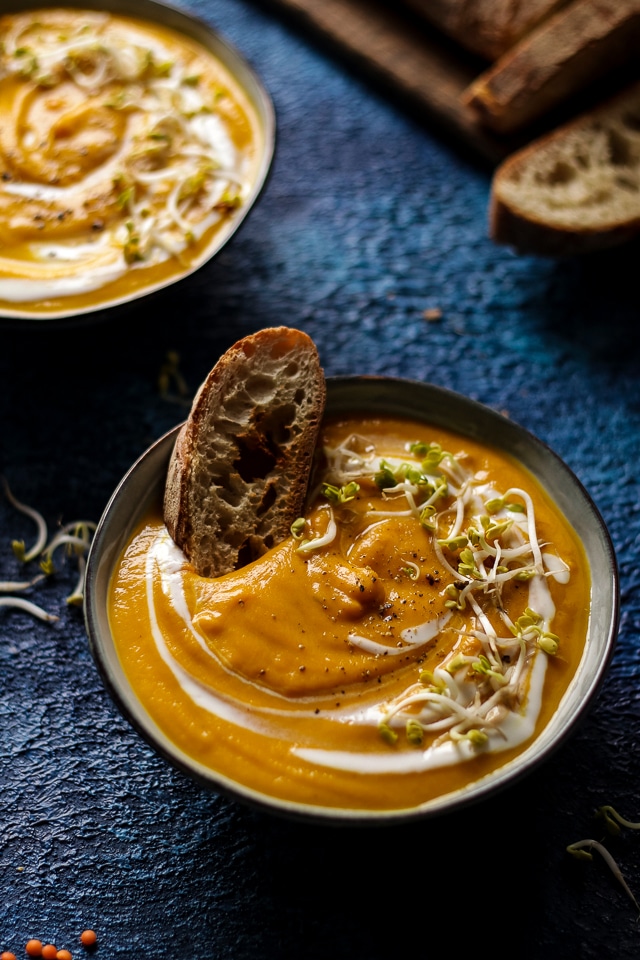Creamy Vegan Sweet Potato Lentil Soup • Happy Kitchen
