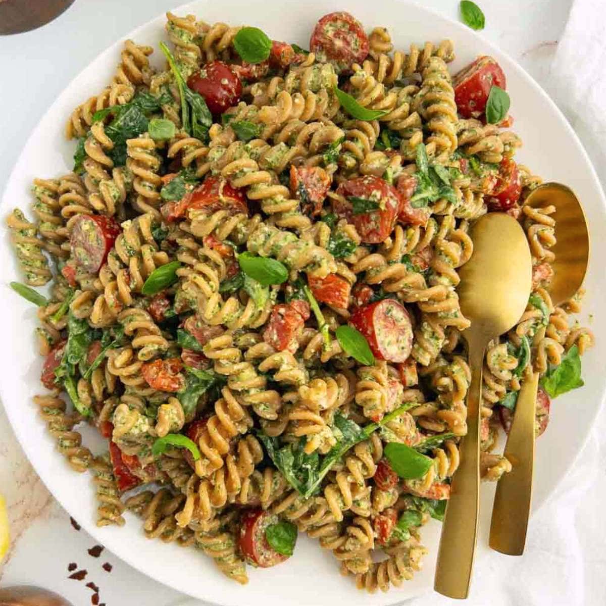 Creamy Pesto Red Lentil Pasta Salad (vegan, gluten-free)